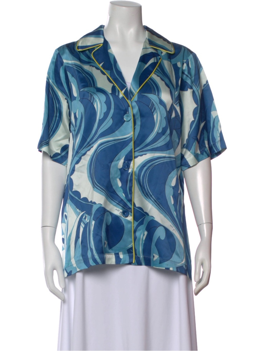 cult gaia Blue Swirl Short-Sleeve Button Front Shirt with Piping size small
